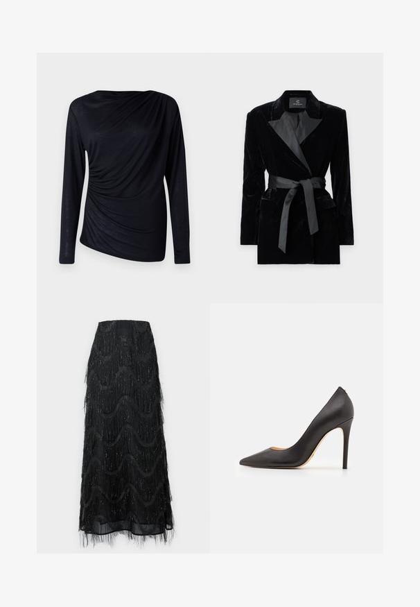 Juodas aksominis švarkas su satino apykakle, ilgomis rankovėmis, priekinėmis kišenėmis ir juosmenyje surišamu diržu. Lygus paviršius ir pritaikytas dizainas.; Juodas ilgomis rankovėmis viršus, pagamintas iš lengvos medžiagos, su drapiruotu dizainu ir susiraukšlėmis kairėje pusėje.; Juodas midi sijonas su sluoksniais frizais ir bangų raštais. Pagamintas iš permatomo medžiagos su blizgučiais pareiškimais palei kraštus.; Juodas odinis aukštakulnis batelis su smailiu pirštu ir lygiu paviršiumi, su lieknu kulnu ir minimalistiniu dizainu.