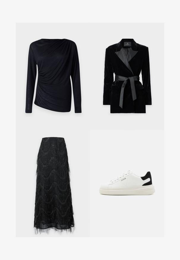 Sacou negru din catifea, cu guler din satin, mâneci lungi, buzunare frontale și o curea legată în talie. Textură fină și design croit.; Top negru cu mâneci lungi, realizat dintr-un material ușor, având un design drapat cu detalii plisate pe partea stângă.; Fustă midi neagră, cu franjuri stratificați și modele în formă de val. Fabricată din material transparent, cu accente strălucitoare pe margini.; Adidași din piele albă cu o talpă groasă albă, accent de călcâi din suede negru și logo embosat pe lateral. Design cu șireturi și șase orificii.