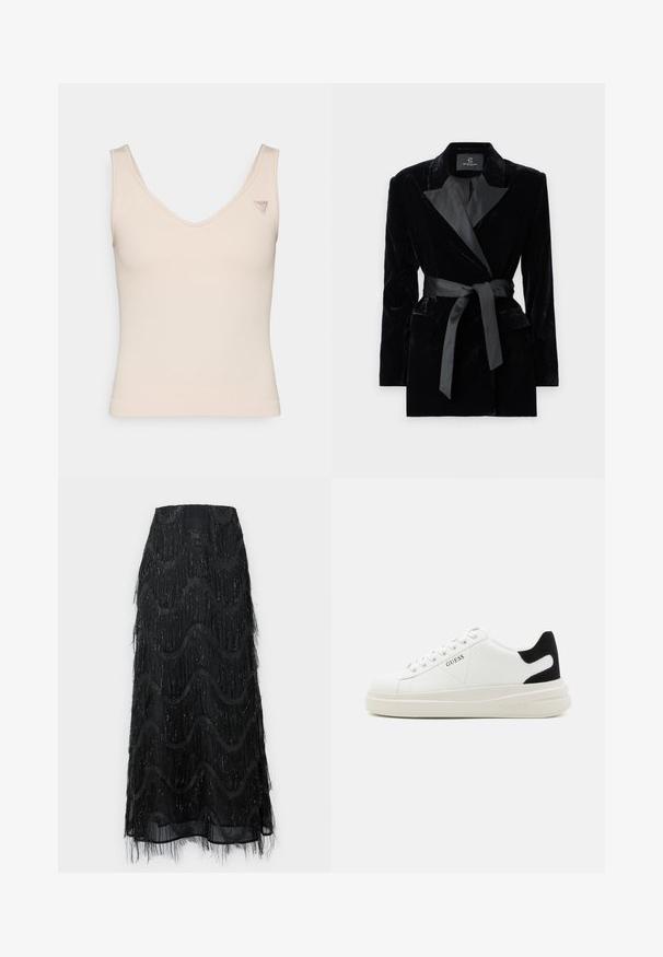 Fekete bársony blézer selyem stílusú gallérral, hosszú ujjak, elülső zsebek és megkötős öv a deréknál. Simaság és precíz szabás jellemzi.; Csíkozott, ujjatlan bézs felső V-nyakkivágással. Kisebb logó található a bal vállon. Puha tapintású, testhez simuló szabású.; Fekete midi szoknya, réteges fránkkal és hullám mintázattal. Átlátszó anyagból készült, csillogó részletekkel az élein.; Fehér bőr sportcipők vastag fehér talppal, fekete velúr sarokpikkelyel és dombornyomott logóval az oldalon. Fűzős kialakítás, hat fűzőlyukkal.