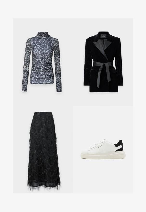 Blazer in velluto nero con colletto a scialle in satin, maniche lunghe, tasche frontali e una cintura legata in vita. Texture liscia e design su misura.; Top a maniche lunghe con collo a lupetto in tessuto nero trasparente con motivi astratti bianchi e grigi; presenta dettagli arricciati in vita.; Gonna midi nera con frange a strati e motivi a onda. Realizzata in materiale trasparente con accenti scintillanti lungo i bordi.; Sneaker bianchi in pelle con suola spessa bianca, accento in suede nero sul tallone e logo impresso sul lato. Design con lacci e sei fori per i lacci.