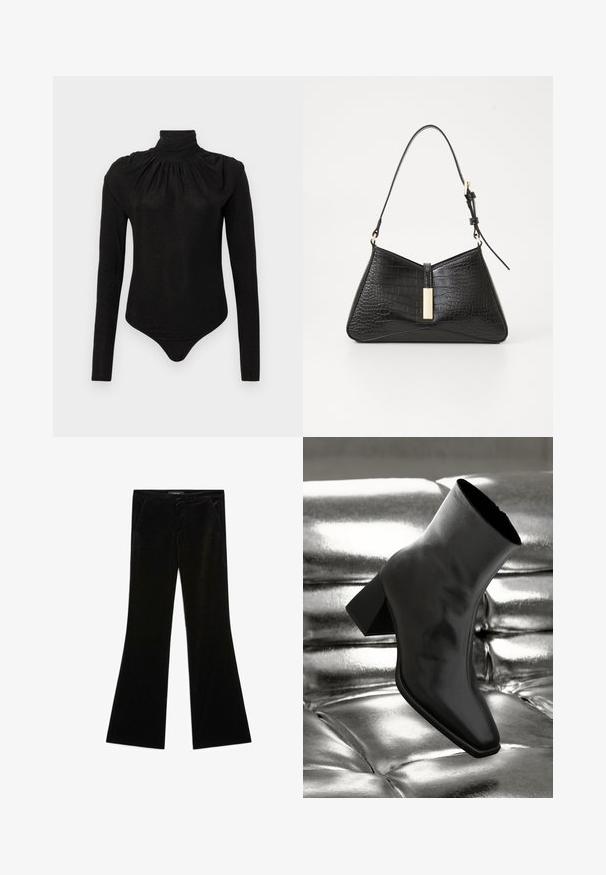 Black velvet blazer with satin shawl collar, long sleeves, front pockets, and a tied belt at the waist. Smooth texture and tailored design.; Black long-sleeve bodysuit with high gathered turtleneck and fitted silhouette, designed for women.; Black velvet flared pants with a smooth texture, featuring two front pockets and a fitted waist, designed for a streamlined silhouette.; Black ankle boot made of glossy material with a square toe and tapered heel, set against a shiny silver tufted background.; Black handbag in faux croc-embossed material, featuring a triangular shape, slim shoulder strap, and a gold-tone hardware accent in the center.; Black leather gloves with a quilted black suede cuff. Features a smooth finish and a subtle logo accent on the wrist area.; Silver teardrop earrings with rounded accents, set against a model wearing a white ribbed sleeveless top, showcasing a smooth texture.