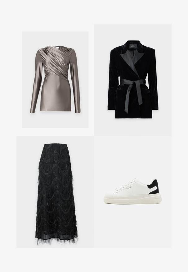 Crni baršunasti blejzer sa satenima šalom, dugim rukavima, prednjim džepovima i vezanom trakom u struku. Glatka tekstura i krojena izrada.; Dugih rukava odnosno majica od metalik taupe tkanine, s prednjim dizajnom u draperiji i teksturiranim detaljima na rukavima. Glatka, uska silueta.; Crna midi suknja s višeslojnim resicama i valovitim uzorcima. Izrađena od prozirnog materijala s šarenim akcentima uz rubove.; Bijele kožne tenisice s debelim bijelim potplatom, crnim zamšastim akcentom na peti i ugraviranim logom sa strane. Dizajn s vezicama i šest rupa za vezivanje.