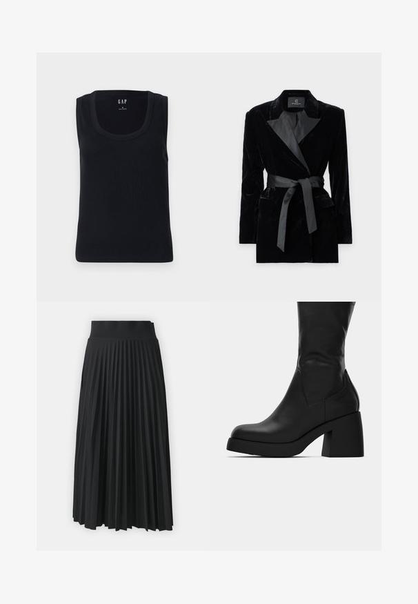 Sacou negru din catifea, cu guler din satin, mâneci lungi, buzunare frontale și o curea legată în talie. Textură fină și design croit.; Top din bumbac negru cu dungi, având decolteu rotund, design fără mâneci și o siluetă ajustată. Eticheta este afișată în centrul de sus.; Fustă plisată neagră cu un talie lată, cu pliuri verticale uniforme pe toată suprafața. Textură netedă cu un design fluid.; Botină din piele neagră, până la jumătatea gambei, cu toc gros și vârf rotunjit, prezentată în profil lateral pe un fundal alb.