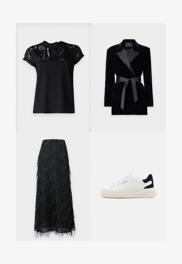 Blazer de terciopelo negro con cuello de chal de satén, mangas largas, bolsillos frontales y un cinturón atado en la cintura. Textura suave y diseño ajustado.; AllSaints ANNA SNAKE TEE - Camiseta estampada - black; Falda midi negra con flecos en capas y patrones de ondas. Fabricada con material transparente y acentos brillantes a lo largo de los bordes.; Zapatillas blancas de cuero con una suela blanca gruesa, acento en el talón de ante negro y logo grabado en el lateral. Diseño de cordones con seis ojales.