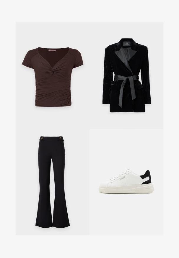 Črn žametni blazer s satenskim ovratnikom, dolgimi rokavi, sprednjimi žepi in zavezanjem v pasu. Gladka tekstura in krojena zasnova.; Rjava majica s kratkimi rokavi z V-izrezom in zasukano sprednjo podrobnostjo. Ima nabrano tkanino za tesen videz, izdelana je iz mehkega, elastičnega materiala.; Črne razširjene hlače iz elastične tkanine. Imajo dva zlate tone gumbe na pasu. Gladek material in oprijet kroj skozi boke.; Bele usnjene športne copate z debelim belim podplatom, črnimi semišnimi detajli na peti in utisnjenim logotipom na strani. Zavezovanje s šestimi luknjicami.