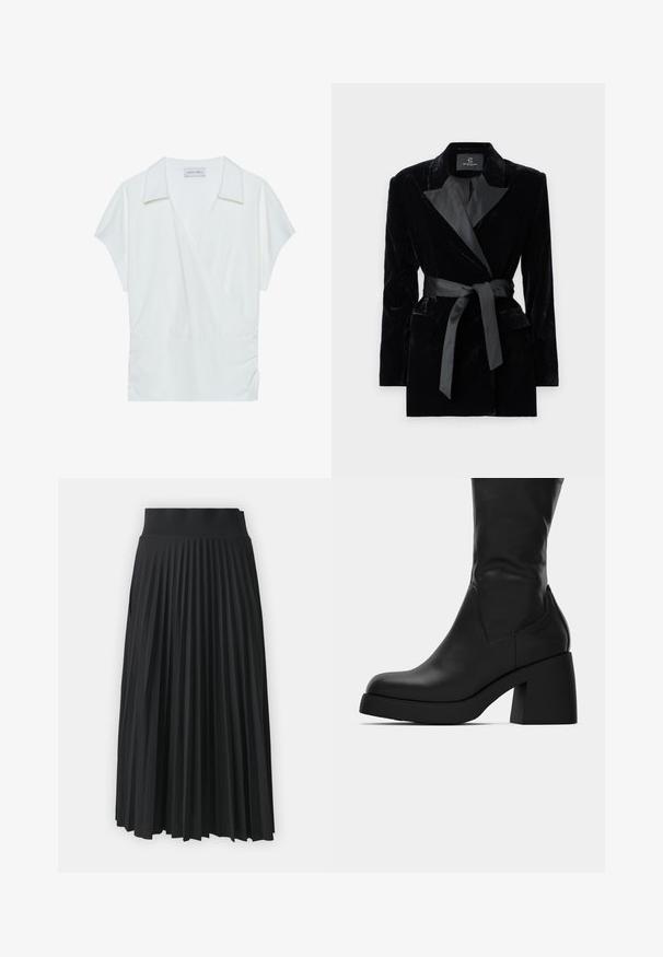 Blazer in velluto nero con colletto a scialle in satin, maniche lunghe, tasche frontali e una cintura legata in vita. Texture liscia e design su misura.; Blusa avvolgente con colletto bianco realizzata in tessuto morbido, caratterizzata da maniche corte e dettagli arricciati in vita per un fit rilassato.; Gonna nera a pieghe con una cintura larga, caratterizzata da pieghe verticali uniformi. Texture liscia con un design fluido.; Stivale in pelle nera a metà polpaccio con tacco largo e punta arrotondata, mostrato in profilo laterale su sfondo bianco.