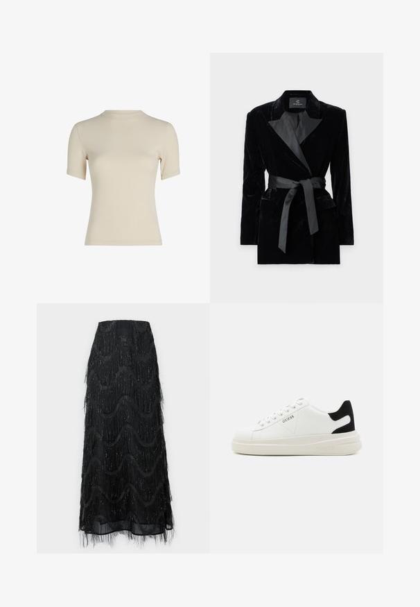 Fekete bársony blézer selyem stílusú gallérral, hosszú ujjak, elülső zsebek és megkötős öv a deréknál. Simaság és precíz szabás jellemzi.; Calvin Klein MODAL MIX RIB SLIT DETAIL T-SHIRT - Basic póló - wood ash; Fekete midi szoknya, réteges fránkkal és hullám mintázattal. Átlátszó anyagból készült, csillogó részletekkel az élein.; Fehér bőr sportcipők vastag fehér talppal, fekete velúr sarokpikkelyel és dombornyomott logóval az oldalon. Fűzős kialakítás, hat fűzőlyukkal.