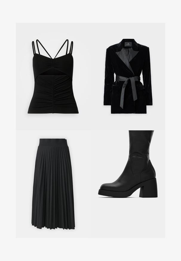 Zwarte fluwelen blazer met satijnen sjaalkraag, lange mouwen, voorzakken en een strikceintuur in de taille. Zachte textuur en verfijnd design.; Zwarte mouwloze top met verstelbare dunne bandjes, met een gerimpeld ontwerp aan de voorkant en een uitsnijding in het midden.; Zwarte geplooide rok met een brede tailleband, gekenmerkt door uniforme verticale plooien. Soepele textuur met een vloeiend ontwerp.; Zwarte leren laars tot halverwege de kuit met een dikke blokhak en een ronde neus, getoond in zijaanzicht op een witte achtergrond.