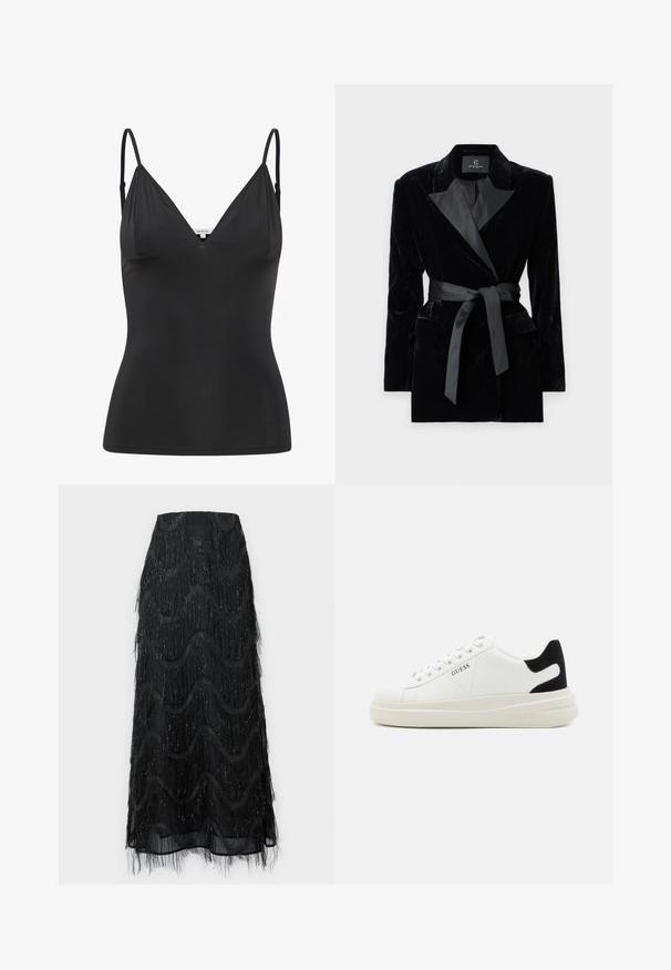 Black velvet blazer with satin shawl collar, long sleeves, front pockets, and a tied belt at the waist. Smooth texture and tailored design.; Black, fitted camisole with adjustable thin straps, V-neckline, seamless design, and smooth texture. Made from a soft, stretch material.; Black midi skirt featuring layered fringe and wave patterns. Made from sheer material with sparkly accents along the edges.; White leather sneakers with a thick white sole, black suede heel accent, and embossed logo on the side. Laced design with six eyelets.