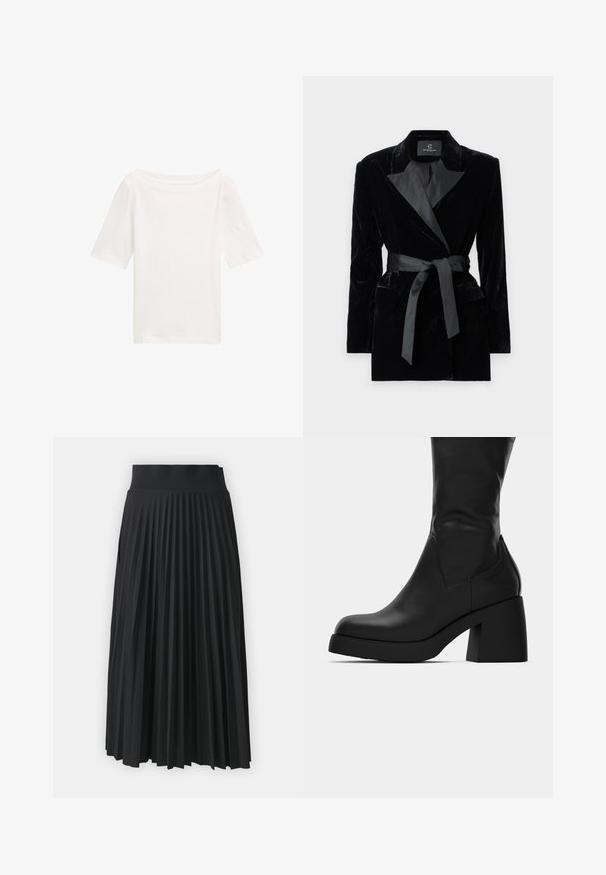 Zwarte fluwelen blazer met satijnen sjaalkraag, lange mouwen, voorzakken en een strikceintuur in de taille. Zachte textuur en verfijnd design.; Korte mouwen witte katoenen shirt met een wijde halslijn en een relaxte fit. Soepele textuur, eenvoudig ontwerp en geen zichtbare patronen of accenten.; Zwarte geplooide rok met een brede tailleband, gekenmerkt door uniforme verticale plooien. Soepele textuur met een vloeiend ontwerp.; Zwarte leren laars tot halverwege de kuit met een dikke blokhak en een ronde neus, getoond in zijaanzicht op een witte achtergrond.