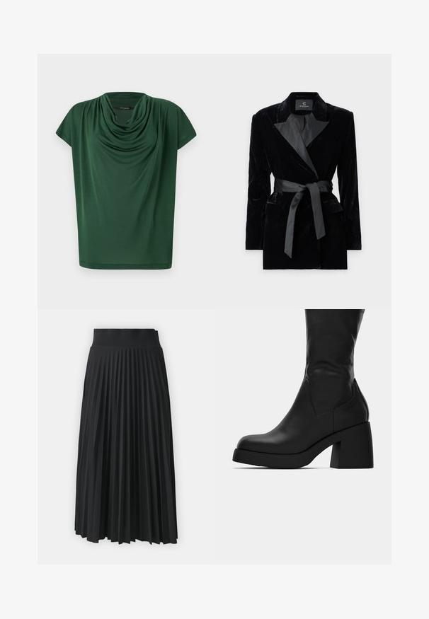 Fekete bársony blézer selyem stílusú gallérral, hosszú ujjak, elülső zsebek és megkötős öv a deréknál. Simaság és precíz szabás jellemzi.; Zöld, könnyű anyagból készült, drapált felső. Keresztvágott nyakkivágással és rövid ujjakkal rendelkezik, sima textúrájú és laza szabású.; Fekete, redőzött szoknya széles derékszíjjal, egyenletes függőleges redőkkel. Simább textúra, folyékony dizájnnal.; Fekete bőrből készült, középig érő csizma vastag tömbsarokkal és kerek orral, oldalsó profilban, fehér háttér előtt.