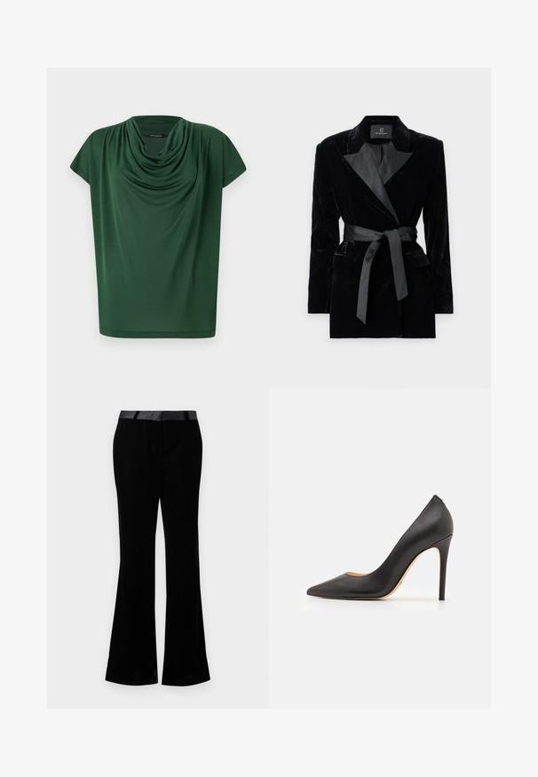 Blazer in velluto nero con colletto a scialle in satin, maniche lunghe, tasche frontali e una cintura legata in vita. Texture liscia e design su misura.; Top verde drappeggiato realizzato in tessuto leggero. Presenta una scollatura a cowl e maniche a cappuccio, con una texture liscia e vestibilità ampia.; Pantaloni neri a palazzo realizzati in un tessuto liscio. Presentano una vita piatta con una finitura lucida. Design sartoriale con due tasche frontali.; Décolleté nera in pelle con tacco alto, punteggiato e dalla texture liscia, caratterizzata da un tacco sottile e un design minimalista.