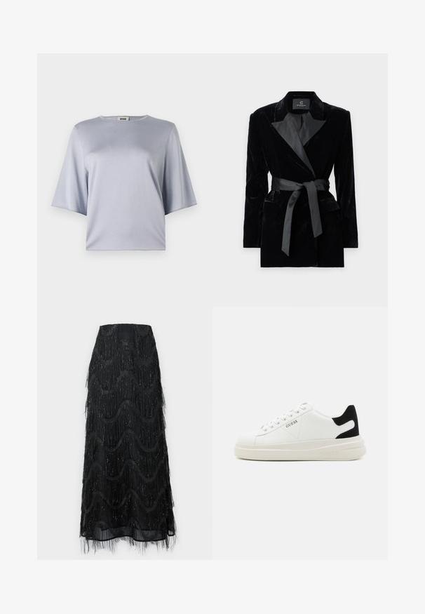 Černé sametové sako se saténovým šálovým límcem, dlouhými rukávy, předními kapsami a uvázaným páskem v pase. Hladký povrch a přizpůsobený design.; Krátký rukáv, světle šedý top vyrobený z hladké látky. Vyznačuje se rovný střih a kulatým výstřihem s jemnými švy.; Černá midi sukně s vrstveným třásněm a vlnitými vzory. Vyrobena z průsvitného materiálu se třpytivými akcenty podél okrajů.; Bílé kožené tenisky s tlustou bílou podrážkou, černým semišovým akcentem na patě a vyraženým logem na boku. Šněrovací design se šesti očka.