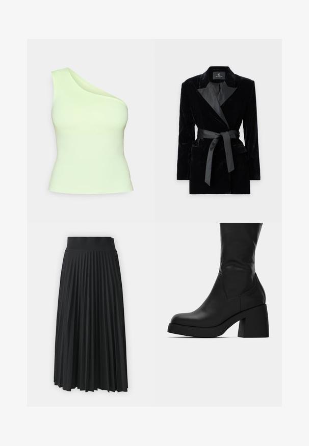 Musta samettitakki, jossa on satiininen kauluspanta, pitkät hihat, etupussit ja vyötäröllä solmittava vyö. Sileä pinta ja muotoiltu malli.; Asymmetriskt topp med en axel i ljusgrön tyg, figurnära design med slät textur, utan utsmyckningar eller mönster.; Musta pleated-hame leveällä vyötärönauha, jossa on tasaisia pystysuuntaisia poimuja. Sileä tekstuuri ja virtaava muotoilu.; Musta nahkasaapas nilkkapituudella, jossa on paksu lohkare-korko ja pyöristetty kärki, esitetty sivuprofiilissa valkoista taustaa vasten.