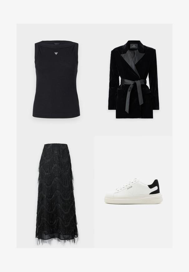Čierny zamatový blejzer so saténovým šálovým golierom, dlhými rukávmi, prednými vreckami a opaskom na uviazanie v páse. Hladká štruktúra a strihový dizajn.; Čierny bezrukávový top vyrobený z bavlny, s lodičkovým výstrihom a malým kryštálovým trojuholníkovým logom na hrudi. Hladká textúra.; Čierna midi sukňa s vrstvami frania a vlnkovými vzormi. Vyrobená z priesvitného materiálu so trblietavými akcentmi pozdĺž okrajov.; Biele kožené tenisky s hrubou bielou podrážkou, čiernym zamekom na päte a vyrazeným logom na boku. Šnurovací dizajn so šiestimi očkami.