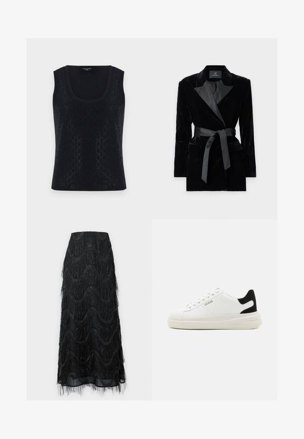 Svart sammet blazer med satin skalkrage, långa ärmar, framfickor och ett knytbälte i midjan. Slät textur och skräddarsydd design.; Svart linne med djup rund halsringning, med ett texturerat mönster av små geometriska former och en subtil lyster. Tyget är lätt och mjukt.; Svart midikjol med lager av fransar och vågmönster. Tillverkad av genomskinligt material med glittrande detaljer längs kanterna.; Vita lädersneakers med en tjock vit sula, svartsuede hälaccent och präglad logotyp på sidan. Snörningsdesign med sex öglor.