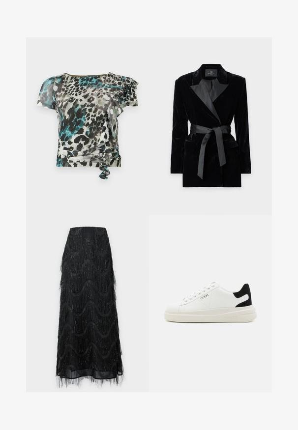 Fekete bársony blézer selyem stílusú gallérral, hosszú ujjak, elülső zsebek és megkötős öv a deréknál. Simaság és precíz szabás jellemzi.; Rövid ujjú felső könnyű anyagból, fekete, téglakék és szürke színű, sokszínű leopárdmintával, fodros díszítéssel és oldalsó megkötő részlettel.; Fekete midi szoknya, réteges fránkkal és hullám mintázattal. Átlátszó anyagból készült, csillogó részletekkel az élein.; Fehér bőr sportcipők vastag fehér talppal, fekete velúr sarokpikkelyel és dombornyomott logóval az oldalon. Fűzős kialakítás, hat fűzőlyukkal.