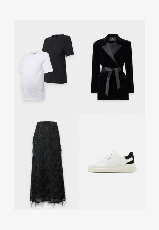 Blazer in velluto nero con colletto a scialle in satin, maniche lunghe, tasche frontali e una cintura legata in vita. Texture liscia e design su misura.; Due componenti di t-shirt premaman a maniche corte: una bianca e una nera. Entrambe presentano un collo rotondo e un tessuto di cotone morbido e liscio per il massimo comfort.; Gonna midi nera con frange a strati e motivi a onda. Realizzata in materiale trasparente con accenti scintillanti lungo i bordi.; Sneaker bianchi in pelle con suola spessa bianca, accento in suede nero sul tallone e logo impresso sul lato. Design con lacci e sei fori per i lacci.