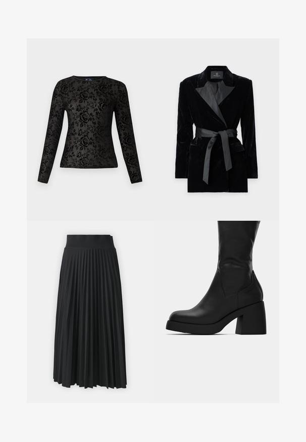 Zwarte fluwelen blazer met satijnen sjaalkraag, lange mouwen, voorzakken en een strikceintuur in de taille. Zachte textuur en verfijnd design.; Zwart T-shirt met lange mouwen van gladde stof, met een gestructureerd bloemenpatroon met rozen. Klassieke ronde hals, aansluitende pasvorm.; Zwarte geplooide rok met een brede tailleband, gekenmerkt door uniforme verticale plooien. Soepele textuur met een vloeiend ontwerp.; Zwarte leren laars tot halverwege de kuit met een dikke blokhak en een ronde neus, getoond in zijaanzicht op een witte achtergrond.