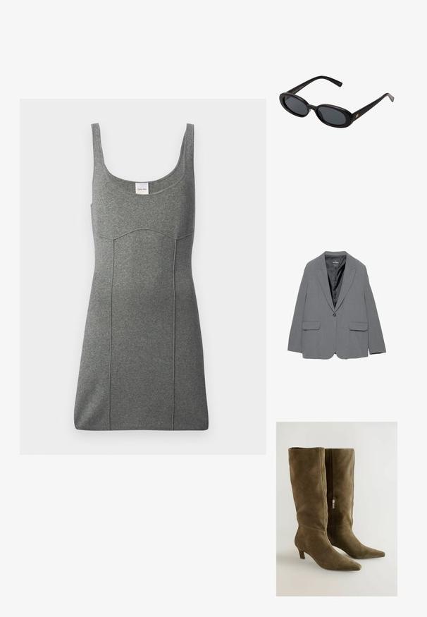 Gray blazer with a notched lapel, single button closure, two front pockets, and a smooth inner lining. Tailored design with a structured shape.; Gray sleeveless dress made of jersey material, featuring a rounded neckline, fitted shape, and subtle seam detailing. Label visible at neckline.; Olive green suede knee-high boots with a pointed toe and a black zipper on the side. Features a modest heel and smooth texture.; Black oversized sunglasses with oval lenses, smooth plastic frame, and gold accents on temple. Dark lenses provide sun protection.; Brown suede handbag with a structured triangle shape, a top handle, and a flap closure. Features subtle logo detail on the side.