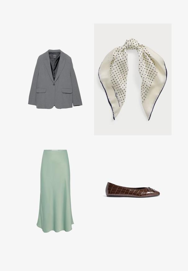 Grijze blazer met een notch-revers, enkele knoopsluiting, twee voorkruiszakken en een soepel binnenvoering. Tailored ontwerp met een gestructureerde vorm.; Crème-kleurige kabelgebreide trui met lange mouwen en ronde hals, voorzien van een klein geborduurd logo op de linkerborst.; Mintgroene satijnen midi-jurk met een gladde textuur, gekenmerkt door een licht uitlopende vorm en een zijsplit voor extra ontwerpelement.; Bruine gepatineerde leren balletschoen met een krokodillenpatroon en een decoratieve strikaccent op de toon. Gladde textuur en puntige vorm.; Zijden sjaal met een crèmekleurige achtergrond en marineblauwe stippen, geknoopt in het midden; marineblauwe rand; met de tekst "Lauren Ralph Lauren."