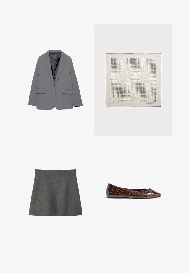 Blazer gris avec un revers cranté, fermeture à un bouton, deux poches avant et une doublure intérieure lisse. Design ajusté avec une forme structurée.; Pull en maille torsadée de couleur crème avec de longues manches et un col rond, présentant un petit logo brodé sur la poitrine gauche.; Jupe courte trapèze gris foncé, à texture lisse sans motifs ni ornements visibles.; Ballerine en cuir verni marron avec un motif crocodile et un accent de nœud décoratif sur l'orteil. Texture lisse et forme pointue.; Foulard en soie crème avec une bordure marine, présentant des pois marins régulièrement espacés formant un motif. Signature imprimée dans un coin.