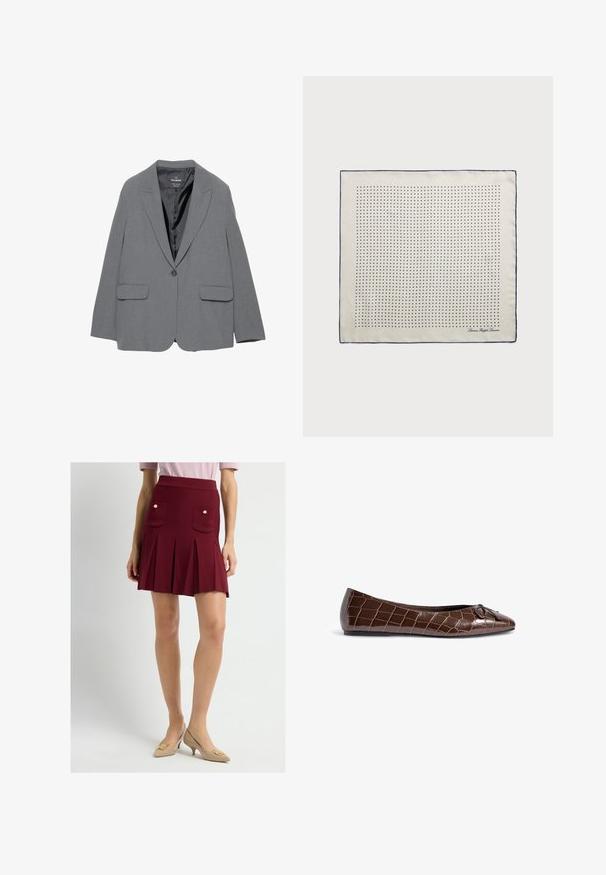 Blazer gris avec un revers cranté, fermeture à un bouton, deux poches avant et une doublure intérieure lisse. Design ajusté avec une forme structurée.; Pull en maille torsadée de couleur crème avec de longues manches et un col rond, présentant un petit logo brodé sur la poitrine gauche.; Jupe mini plissée rouge avec une taille haute, dotée de deux poches avant ornées de boutons dorés. Accompagnée de talons beiges à bout pointu.; Ballerine en cuir verni marron avec un motif crocodile et un accent de nœud décoratif sur l'orteil. Texture lisse et forme pointue.; Foulard en soie crème avec une bordure marine, présentant des pois marins régulièrement espacés formant un motif. Signature imprimée dans un coin.