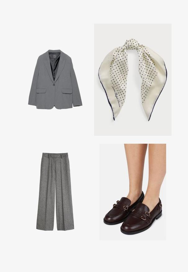 Sacou gri cu rever clasic, închidere cu un singur nasture, două buzunare frontale și o căptușeală netedă. Design tăiat cu o siluetă structurată.; Pulover de tricot cu fir de culoare crem, cu manșon lung și gât rotund, având un mic logo brodat pe partea stângă a pieptului.; Pantaloni largi din lână gri, cu bucle pentru curea și pliseuri frontale, proiectați pentru o croială relaxată și ajustată.; Mocasini din piele maro, cu vârful rotund, benzi duble pe partea superioară și accente decorative din metal auriu pe laturi.; Eșarfă din mătase cu un fundal crem și buline marine, legată la centru; margine marină; include textul "Lauren Ralph Lauren."