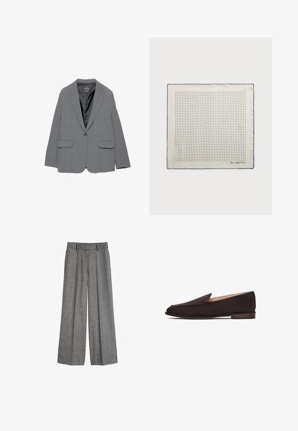 Blazer gris avec un revers cranté, fermeture à un bouton, deux poches avant et une doublure intérieure lisse. Design ajusté avec une forme structurée.; Pull en maille torsadée de couleur crème avec de longues manches et un col rond, présentant un petit logo brodé sur la poitrine gauche.; Pantalon large en laine gris avec passants de ceinture et plis avant, conçu pour une coupe relaxée et ajustée.; Loafers noirs avec une tige en tissu lisse, bout pointu et petit talon en bois. Présentent un design simple sans fermeture visible ni ornements.; Foulard en soie crème avec une bordure marine, présentant des pois marins régulièrement espacés formant un motif. Signature imprimée dans un coin.