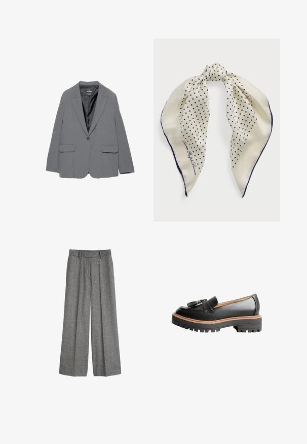 Grijze blazer met een notch-revers, enkele knoopsluiting, twee voorkruiszakken en een soepel binnenvoering. Tailored ontwerp met een gestructureerde vorm.; Crème-kleurige kabelgebreide trui met lange mouwen en ronde hals, voorzien van een klein geborduurd logo op de linkerborst.; Grijze wollen wijdvallende pantalon met riemlussen en geplooide voorkant, ontworpen voor een ontspannen, tailor-made pasvorm.; Zwarte leren loafer met een ronde neus, decoratieve strikdetail en een stevige zwarte rubberen zool met contrasterende bruine stiksels.; Zijden sjaal met een crèmekleurige achtergrond en marineblauwe stippen, geknoopt in het midden; marineblauwe rand; met de tekst "Lauren Ralph Lauren."