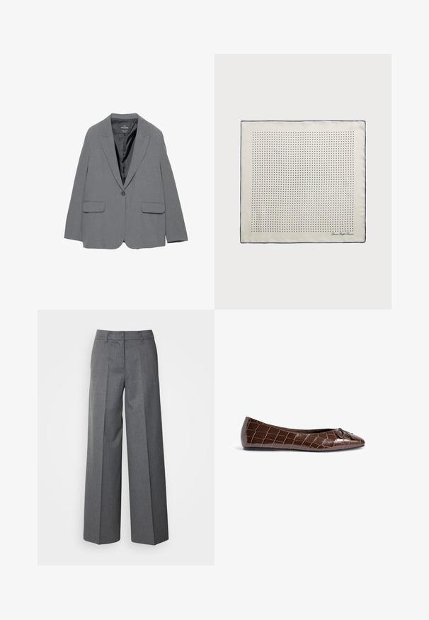 Grau Blazer mit Reverskragen, Ein-Knopf-Verschluss, zwei frontalen Taschen und glattem Innenfutter. Tailliertes Design mit strukturierter Form.; Cremefarbener Kabelstrickpullover mit langen Ärmeln und Rundhalsausschnitt, der ein kleines gesticktes Logo auf der linken Brust trägt.; Marc O'Polo PANTS MODERN SUITING STYLE WIDE LEG - Stoffhose - medium stone melange; Braune Lackleder-Ballettschuhe mit Krokodilmuster und einer dekorativen Schleifenakzent an der Spitze. Glatte Textur und spitze Form.; Seidenschal in Creme mit einem Marineblauen Rand, der gleichmäßig verteilte marineblaue Punkte in einem Muster zeigt. Signatur in der Ecke gedruckt.