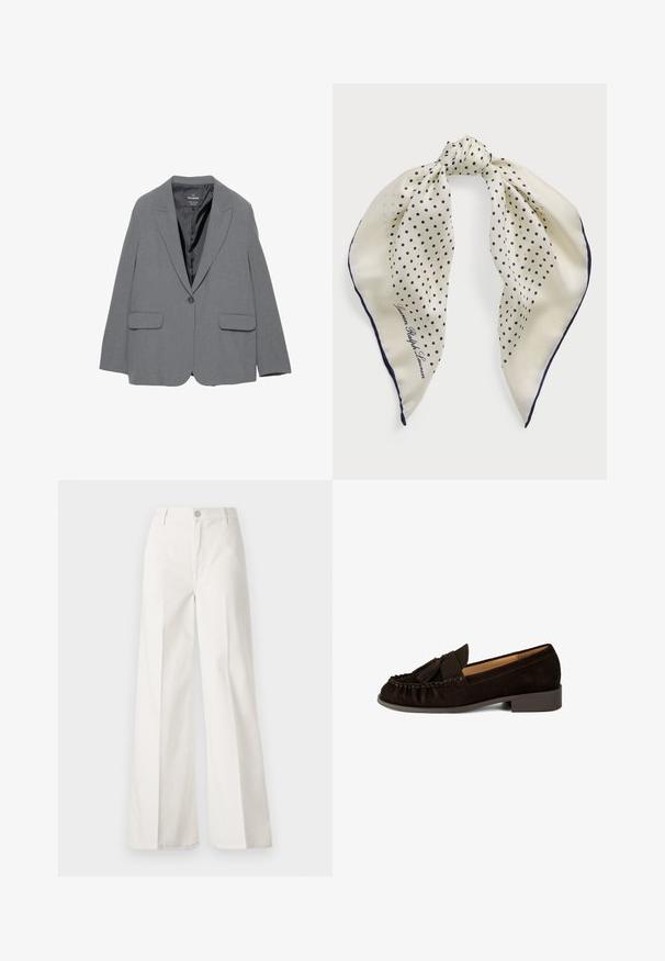 Grijze blazer met een notch-revers, enkele knoopsluiting, twee voorkruiszakken en een soepel binnenvoering. Tailored ontwerp met een gestructureerde vorm.; Crème-kleurige kabelgebreide trui met lange mouwen en ronde hals, voorzien van een klein geborduurd logo op de linkerborst.; Witte wijde-broek gemaakt van katoen met een gladde textuur. Voorzien van een knoop aan de voorkant, ritsopening en vierzakkenontwerp.; Brown suede instappers met een ronde neus, geplooide details en een kleine kwastaccent. Heeft een lage, iets verhoogde hak.; Zijden sjaal met een crèmekleurige achtergrond en marineblauwe stippen, geknoopt in het midden; marineblauwe rand; met de tekst "Lauren Ralph Lauren."