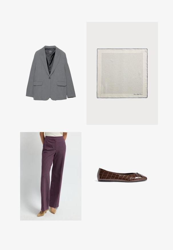 Grau Blazer mit Reverskragen, Ein-Knopf-Verschluss, zwei frontalen Taschen und glattem Innenfutter. Tailliertes Design mit strukturierter Form.; Cremefarbener Kabelstrickpullover mit langen Ärmeln und Rundhalsausschnitt, der ein kleines gesticktes Logo auf der linken Brust trägt.; Dunkelviolette, weite Hosen mit glatter Textur, ausgestattet mit einem mittelhohen Bund und dezenten Nadelstreifen. Getragen mit beigen Absätzen.; Braune Lackleder-Ballettschuhe mit Krokodilmuster und einer dekorativen Schleifenakzent an der Spitze. Glatte Textur und spitze Form.; Seidenschal in Creme mit einem Marineblauen Rand, der gleichmäßig verteilte marineblaue Punkte in einem Muster zeigt. Signatur in der Ecke gedruckt.