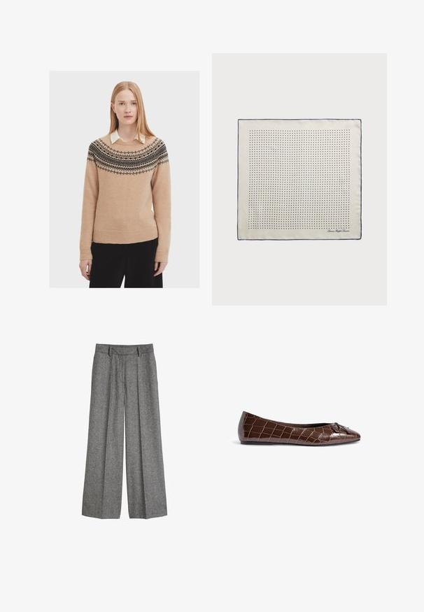 Szary blazer z wyłogami, z zamknięciem na pojedynczy guzik, dwoma przednimi kieszeniami oraz gładką podszewką. Dopasowany krój o zwartej sylwetce.; Beżowy sweter robiony na drutach z okrągłym dekoltem, posiadający czarną wzorzystą wstawkę. Miękka faktura oraz prążkowane mankiety i wykończenie dołu.; Szare wełniane spodnie o szerokich nogawkach z szlufkami na pasek i plisami z przodu, zaprojektowane z myślą o luźnym, dopasowanym kroju.; Brązowe lakierowane baletki z wzorem krokodylej skóry i dekoracyjną kokardą na czubku. Gładka faktura i spiczasty kształt.; Jedwabny szalik w kremowym kolorze z granatową ramką, ozdobiony równomiernie rozmieszczonymi granatowymi kropkami tworzącymi wzór. Sygnatura nadrukowana w rogu.