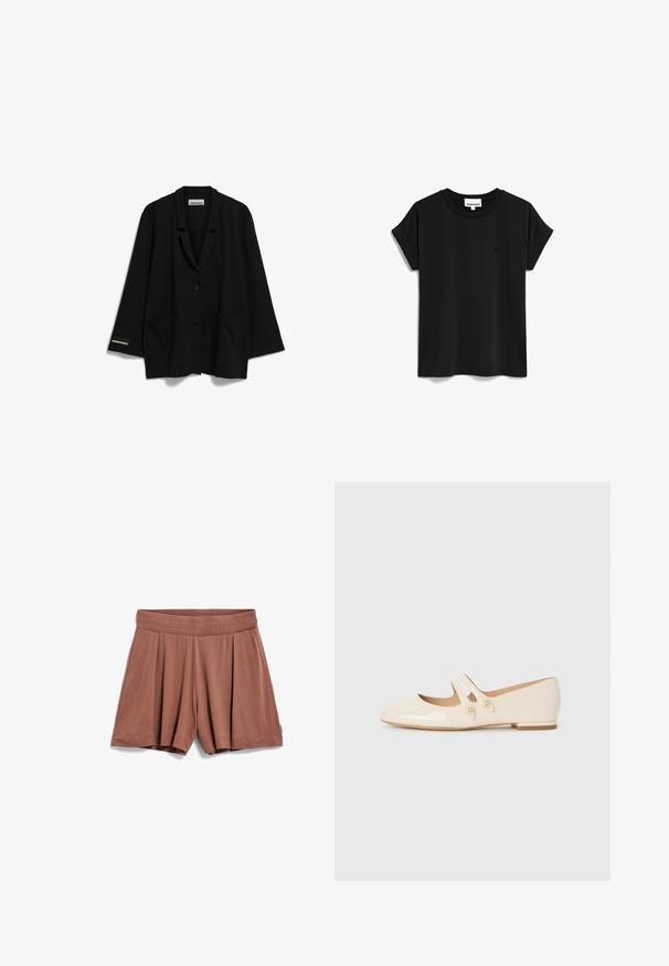 Giacca oversized nera realizzata in tessuto morbido, con colletto a punta, due tasche frontali e un logo decorativo sulla manica.; ARMEDANGELS IDAARA - T-shirt basic - black; ARMEDANGELS AAREZU - Shorts - nutshell; Ballerine in pelle verniciata avorio con due cinturini decorativi e bottoni dorati, caratterizzate da una punta arrotondata e un tacco basso a blocco.