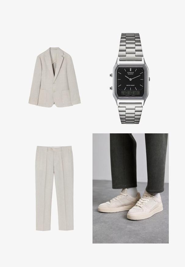 Kergelt beež linane bleiser, millel on klapiga krae, kaks esist pocketit, kahekordne nööbikinnitused ja neli nööbivaatust varrukatel.; Valge pikkade varrukatega särk, mis on valmistatud siledast kangast, ning millel on nööpidega esikülg, klassikaline kaelus ja sirge alläär, mille külgedel on ümarad servad.; Heledad beez linen püksid, millel on sirge jalg, peen tekstuur, kaks eelmist taskut ja ühe nupu kinnitamine vööl.; Beige suudpüksid, mis on valmistatud nahast ja võrgust, funktsionaalsed perforatsiooni aktsendid, lame sisetald ja paks tald. Kanti koos roheliste puuvillapükstega.; Hõbedane roostevabast terasest kvarts kell musta ristküliku kujulise näoga, millel on analoognõjad, digitaalelektrooniline kuva ja vee vastupanu silt.