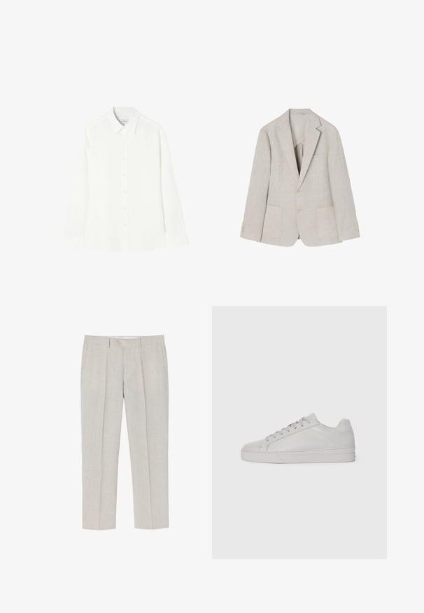 Svijetlosmeđi laneni sako s izrezanom reverom, dva prednja džepa, dvostrukim kopčanjem i četiri gumba na rukavima.; Bijela košulja dugih rukava izrađena od glatkog materijala, s dugim kopčanjem sprijeda, klasičnom kragnom i ravnim rubom sa zaobljenim stranama.; Svijetlosmeđi platneni hlače s ravnim nogavicama, suptilnom teksturom, dva prednja džepa i jednim gumbom za zatvaranje u struku.; Svijetlosivi kožni tenisice s glatkom teksturom, okruglim vrhom, ravnim gumiranim potplatom i toniranim vezicama. Ima minimalno brendiranje u zlatnoj boji.