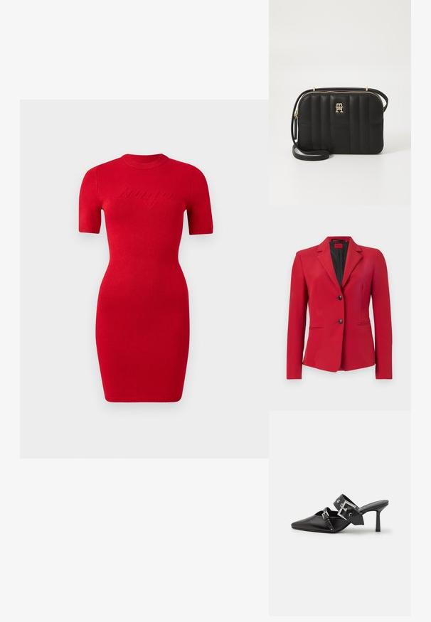 Sarkanais žakets ar strukturētu dizainu, vienvirkne ar divām pogām, izteiktiem atlokiem un sānu kabatām; gluda tekstūra un eleganta silueta.; Sarkans adīts kleita ar īsām piedurknēm, pieguļošs, ar apaļu izgriezumu. Priekšpusē ir izcelta "bango" teksta detaļa.; Melnas augstpapēžu mūles ar norādītu purngalu, izgatavotas no gludas ādas. Iekļauj plašu potītes siksnu ar kvadrātveida sudraba sprādzi un kniedēm.; Melna kvadrāta formas plecu soma, kas izgatavota no sintētiska materiāla, ar zelta toņa detaļām. Soma aprīkota ar rāvējslēdzēju un logotipa apdari priekšpusē.