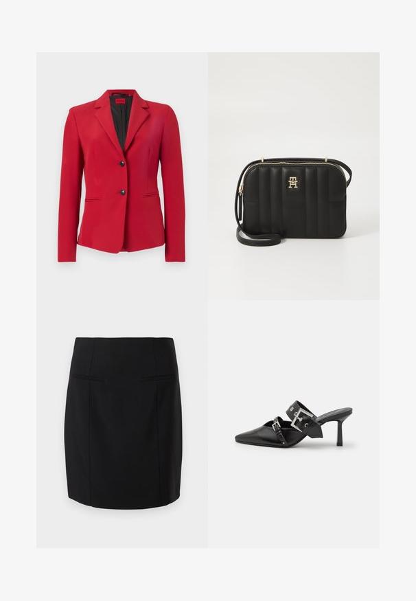 Rode blazer met een gestructureerd ontwerp, enkelzijdig met twee knopen, spitse revers en zijzakken; gladde textuur en elegante silhouet.; Witte langemouwige button-up shirt in een gladde katoenmix. Voorzien van een klassieke kraag, een knoopsluiting aan de voorkant en afgeronde manchetten.; Zwarte kokerrok van gladde stof, met een aansluitend ontwerp, twee voorzakken en een lengte tot de knie.; Zwarte hoge hakken mules met een puntige neus, gemaakt van soepel leer. Heeft een brede enkelriem met een vierkante zilveren gesp en studs.; Zwarte gewatteerde schoudertas van synthetisch materiaal met goudkleurige hardware, voorzien van een ritsluiting en logo-detail aan de voorkant.