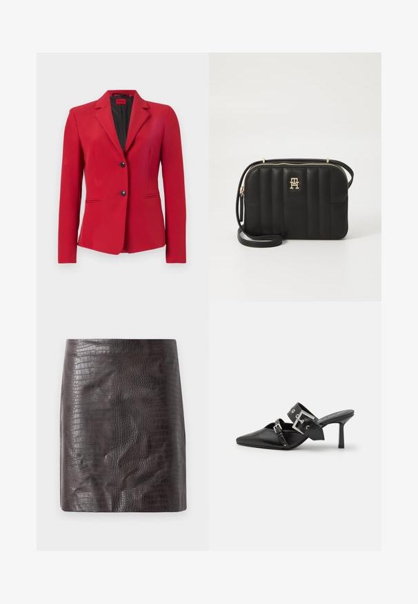 Blazer rosso con un design strutturato, monopetto con due bottoni, revers a punta e tasche laterali; texture liscia e silhouette snella.; T-shirt bianca in cotone con maniche corte, scollatura rotonda e una toppa rettangolare blu con la scritta "HUGO" al centro davanti.; Gonna corta stampata effetto coccodrillo in marrone scuro, con una superficie liscia e una silhouette aderente con una leggera svasatura all'orlo.; Mule nere con tacco alto e punta affilata, realizzate in pelle liscia. Presentano una larga cinghia alla caviglia con una fibbia quadrata argentata e borchie.; Borsa a tracolla nera trapuntata realizzata in materiale sintetico con hardware in tonalità oro, dotata di chiusura con zip e dettaglio del logo sul davanti.