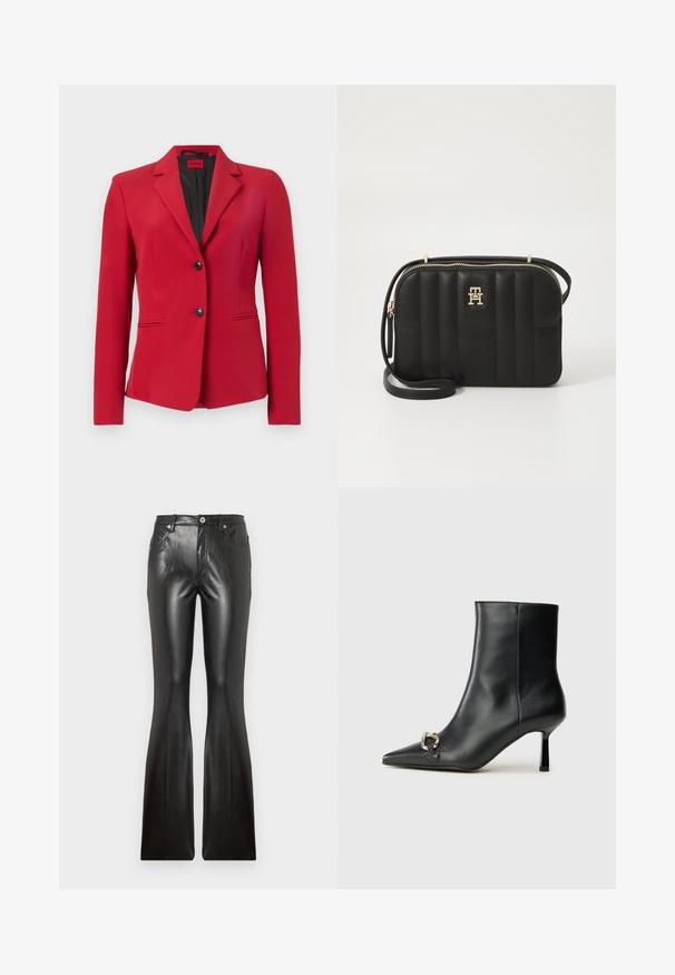 Red blazer with a structured design, single-breasted with two buttons, peaked lapels, and side pockets; smooth texture and sleek silhouette.; White cotton t-shirt with short sleeves, round neckline, and a blue rectangular logo patch reading "HUGO" on the front center.; Black leather flared pants featuring a smooth texture, five pockets, front button closure, and a fitted silhouette through the thighs.; Black leather ankle boot with pointed toe, slim mid-height heel, and silver buckle detail on side against plain background.; Black quilted crossbody bag made of synthetic material with gold-tone hardware, featuring a zip closure and logo detail on the front.