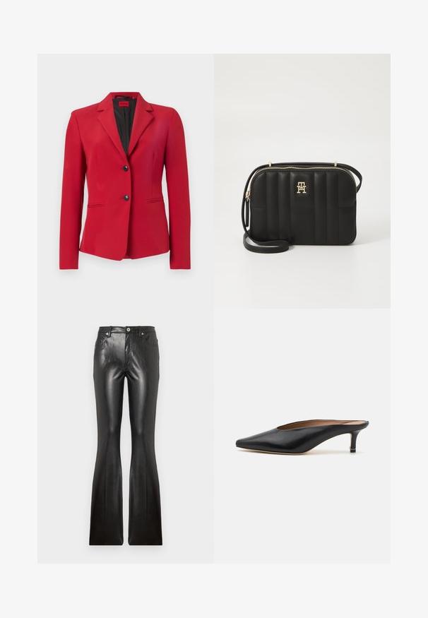 Blazer rouge avec un design structuré, un seul bouton sur le devant avec deux boutons, revers à pointe et poches latérales ; texture lisse et silhouette épurée.; T-shirt en coton blanc à manches courtes, col rond, avec un patch logo rectangulaire bleu portant l'inscription "HUGO" au centre avant.; Pantalons évasés en cuir noir avec une texture lisse, cinq poches, fermeture à bouton à l'avant et une silhouette ajustée au niveau des cuisses.; Mules en cuir noir avec un bout pointu et un petit talon carré. Texture lisse avec un design épuré. Dos ouvert avec un minimum de détails.; Sac à bandoulière matelassé noir en matériaux synthétiques avec des finitions dorées, doté d'une fermeture zippée et d'un détail logo sur le devant.