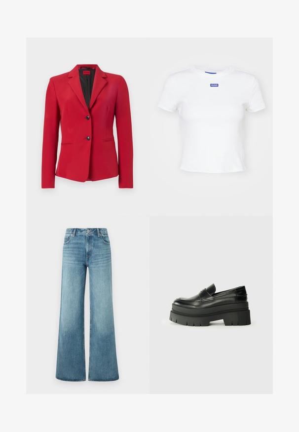 Blazer rojo con un diseño estructurado, de un solo botón con dos botones, solapas puntiagudas y bolsillos laterales; textura suave y silueta elegante.; Camiseta de algodón blanca con mangas cortas, escote redondo y un parche rectangular azul con el logo "HUGO" en el centro delantero.; Jeans de pierna ancha color azul claro, hechos de denim, con cintura alta, diseño de cinco bolsillos y un ligero desgastado en las piernas.; Mocasines de cuero negro con suela de plataforma contundente. Punta redondeada, detalle de costura en la parte delantera y sutiles acentos de costura. Suela plana y texturizada.
