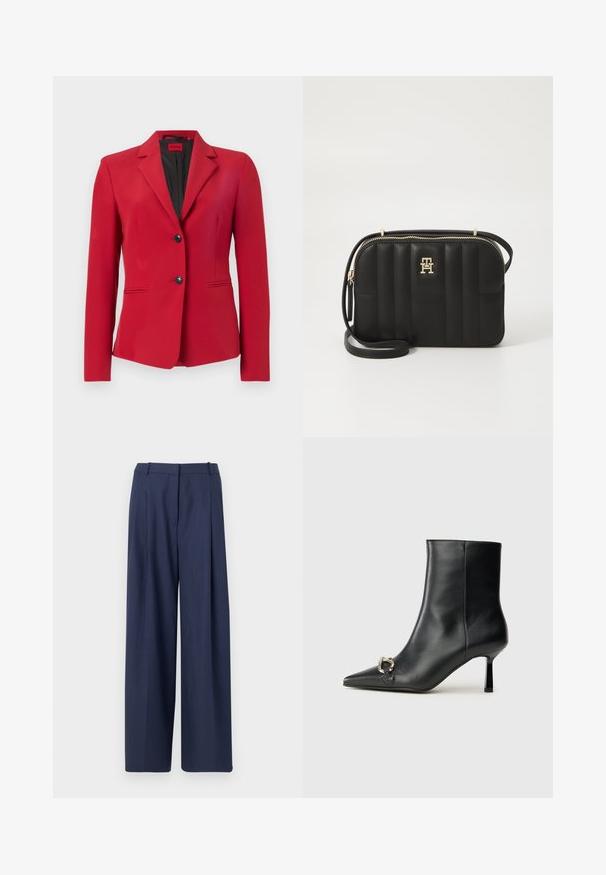 Red blazer with a structured design, single-breasted with two buttons, peaked lapels, and side pockets; smooth texture and sleek silhouette.; White cotton t-shirt with short sleeves, round neckline, and a blue rectangular logo patch reading "HUGO" on the front center.; Navy blue wide-leg trousers made of textured fabric, featuring a pleated front and a structured waistband with belt loops.; Black leather ankle boot with pointed toe, slim mid-height heel, and silver buckle detail on side against plain background.; Black quilted crossbody bag made of synthetic material with gold-tone hardware, featuring a zip closure and logo detail on the front.