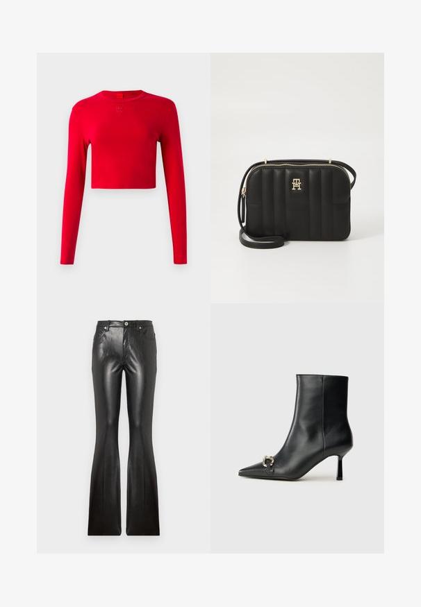 Blazer rojo con un diseño estructurado, de un solo botón con dos botones, solapas puntiagudas y bolsillos laterales; textura suave y silueta elegante.; Top corto de manga larga rojo con cuello redondo y pequeño logo en relieve "HUGO" centrado debajo del cuello sobre un fondo liso.; Pantalones de cuero negro acampanados con una textura suave, cinco bolsillos, cierre de botón en la parte frontal y una silueta ajustada a lo largo de los muslos.; Botín negro de cuero hasta el tobillo con punta afilada, tacón delgado de altura media y detalle de hebilla plateada en el lateral, sobre un fondo liso.; Bolso bandolera negro acolchado hecho de material sintético con herrajes de tono dorado, que presenta un cierre de cremallera y detalle de logo en el frente.