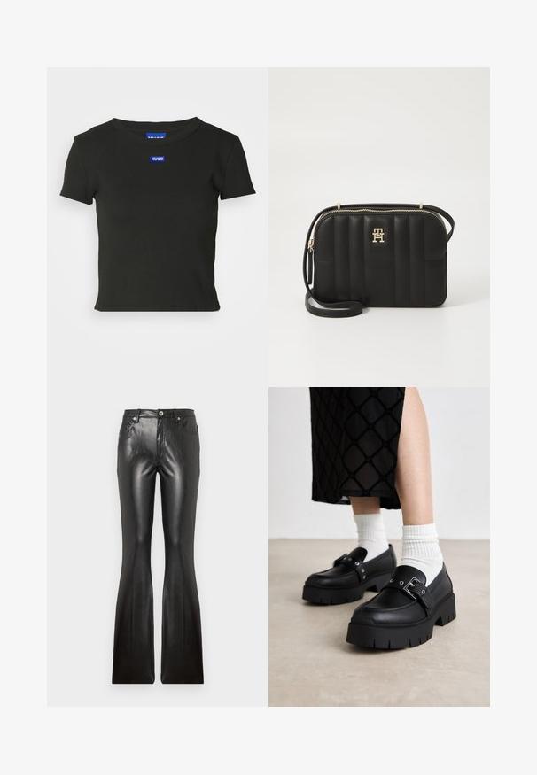 Rød blazer med en strukturert design, enkle knappestrekk med to knapper, spisse lapeller og sidelommer; glatt tekstur og slank silhuett.; Svart bomull t-skjorte med fitted design, korte ermer og rund hals. Har et blått rektangulært logo merke på brystet.; Sorte lærbukser med flare som har en glatt tekstur, fem lommer, frontlukking med knapp, og en tettsittende silhuett gjennom lårene.; Svart plattform loafers med en glatt skinnfinish, med en spenne detalj og naglede akenter, sammen med hvite ribbede sokker.; Svart quilted crossbody-veske laget av syntetisk materiale med gulltonet maskinvare, med glidelås-lukking og logo-detalj på fronten.