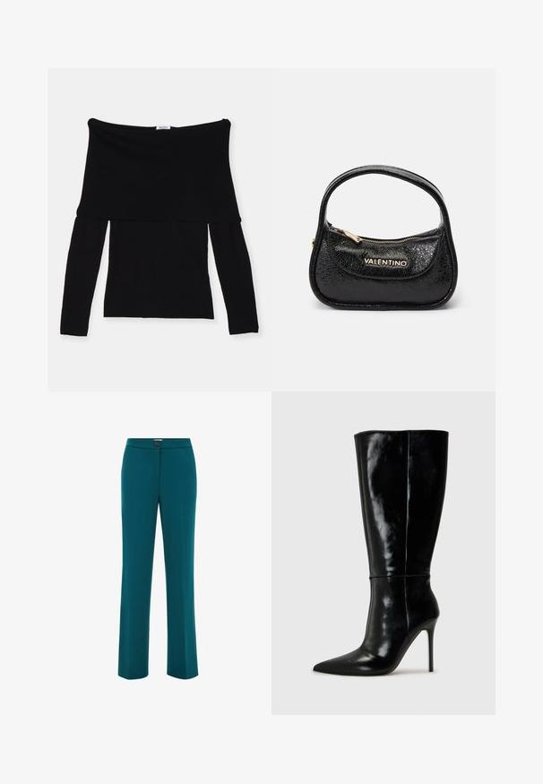 Teal ülikondjakk, mis on valmistatud siledast kangast, omab nurgelise krae, ühte nupuvajutust, kahte küljetaskut ja struktuurseid õlgu.; Must mustriga mustlõhikuga must särk, mis on valmistatud pehmest kangast. Omab vormitatud bodi ja laia kaelust. Lihtne, sujuv disain.; Teal sirged püksid sileda tekstuuriga, millel on nupuga sulgemine vöökoht ja minimalistlik disain.; Mustad nahast kuni põlveni ulatuvad saapad terava ninaga ja kõrge stiletto kontsaga. Sile tekstuur ja stiilne disain, millel on minimaalne kaunistus.; Mustmustav nahkakott, millel on tekstureeritud pind, ümar kuju ja üks käepide. Omab esipoolset tõmblukukotti ja kuldset brändimist.