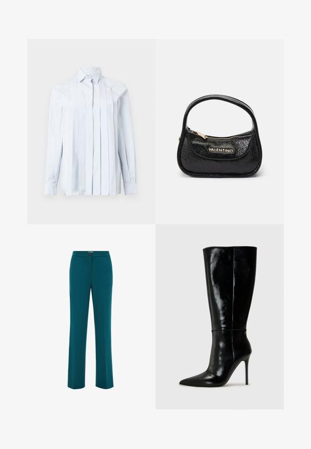 Teal bleiser iz gladkega materiala, z režnim ovratnikom, enim gumbom za zapiranje, dvema stranskima žepoma in strukturiranimi rameni.; Svetlo modra dolga majica s ovratnikom v obliki konice, z navpičnimi naborki spredaj in zapenjanjem s gumbi pri vratih. Gladka tekstura tkanine.; Svetlozeleni ravni hlače z gladko teksturo, ki imajo gumbasto zapenjanje na pasu in minimalističen dizajn.; Črne usnjene škornje do kolen s koničastim nosom in visokim stiletto peto. Gladka tekstura in eleganten dizajn, ki vključuje minimalne detajle.; Črna usnjena torbica z teksturiranim zaključkom, zaobljene oblike in enojnim ročajem. Ima sprednji žep na zadrgo in zlatoročne oznake.