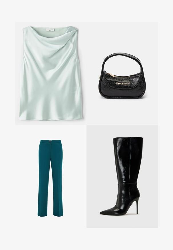 Sacou teal din țesătură fină, având rever tăiat, închidere cu un singur nasture, două buzunare laterale și umeri structurați.; Top fără mâneci de satin albastru deschis, cu un decolteu din drapaje și o textură netedă. Eticheta spune "Tiger of Sweden 1993."; Pantaloni drepti teal cu o textură netedă, având un închizător cu buton la talie și un design minimalist.; Botine din piele neagră, până la genunchi, cu vârf ascuțit și tocuri înalte de tip stiletto. Textură netedă și design elegant, cu detalii minime.; Geantă de umăr din piele neagră cu un finisaj texturat, formă rotundă și un singur mâner. Caracteristici: buzunar cu fermoar frontal și branding în tonuri de aur.