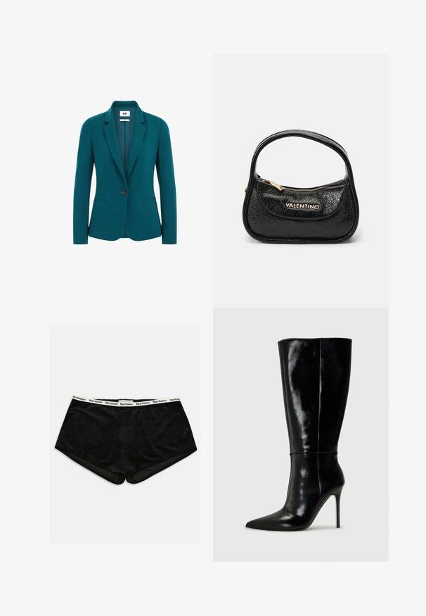 Tyrkysový blejzer vyrobený z hladkej látky, s klopovým golierom, jedným gombíkom, dvoma bočnými vreckami a štrukturovanými ramenami.; Čierny rolák s dlhým rukávom vyrobený z hladkej, elastickej látky. Priliehavý strih s vysokým golierom bez viditeľných vzorov alebo zdobení.; Čierne boxerky z mäkkého materiálu s bielym elastickým pásom, na ktorom je v čiernej farbe vytlačený nápis "Juicy Couture". Hladký povrch, obdĺžnikový tvar.; Čierne kožené čižmy po kolená s špicatou špičkou a vysokým stiletto podpätkom. Hladká textúra a elegantný dizajn s minimálnymi detailmi.; Čierna kožená kabelka s textúrovaným povrchom, zaobleným tvarom a jedným uchom. Obsahuje predné vrecko na zips a zlaté označenie značky.